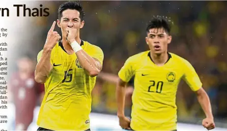 ?? — GLENN GUAN/The Star ?? Thumbs up: Malaysia midfielder Brendan Gan celebratin­g after scoring the equaliser last night.