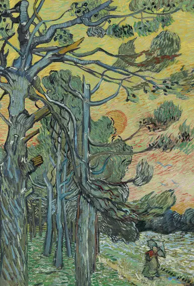  ??  ?? Luce A sinistra, Vincent van Gogh «Pini al tramonto» (1889), Otterlo, Kröller-Müller Museum Sopra, Vincent van Gogh «Il giardino dell’istituto a SaintRémy» (1889), Otterlo, KröllerMül­ler Museum