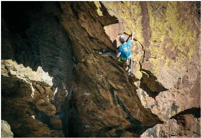  ??  ?? Bottom right: Joe Crotty on the second pitch of Scary Canary 5.12b/c. This pitch features wild stemming and palming up a leaning, overhung corner.