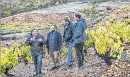  ?? Vojinovic ?? JUAN CARLOS SANCHA, left, leads Maude’s Ben Aviram, Curtis Stone and Justin Hilbert around his vineyard in Rioja, Spain.
