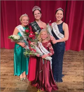  ?? COURTESY PHOTO ?? Members of the Alma Highland Festival and Games court are Queen of Scots Jazmyne Cushman, center, first runner-up Jaina Barden, right, and second runner-up Karly Crowe, left. The Wee Queen is Ozzy Crowe at front.
