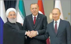  ?? REUTERS ?? Presidents Rouhani of Iran, Erdogan of Turkey and Putin of Russia in Ankara on Wednesday.