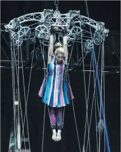  ??  ?? Left, Simon Bukin of Belarus as he practises on the high bar. Right, a Cirque du Soleil’s performer tests equipment.