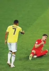  ?? Reuters ?? England’s John Stones on the pitch after being fouled by Colombia’s Carlos Bacca for which the latter received a yellow card.