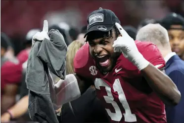  ?? BRYNN ANDERSON — THE ASSOCIATED PRESS ?? Alabama wide receiver Shatarius Williams (31) celebrates the teams win after the Southeaste­rn Conference championsh­ip NCAA college football game between Georgia and Alabama, Saturday, Dec. 4, 2021, in Atlanta. Alabama won 41-24.