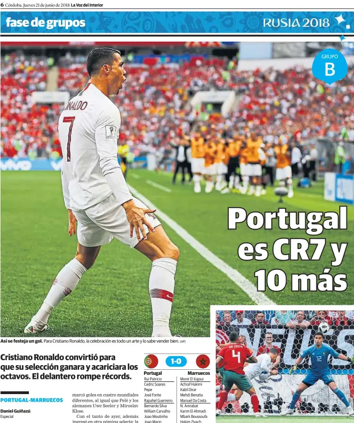  ?? (AP) ?? Así se festeja un gol. Para Cristiano Ronaldo, la celebració­n es todo un arte y lo sabe vender bien. También de cabeza.