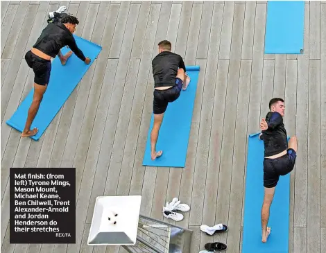  ?? REX/FA ?? Mat finish: (from left) Tyrone Mings, Mason Mount, Michael Keane, Ben Chilwell, Trent Alexander-Arnold and Jordan Henderson do their stretches