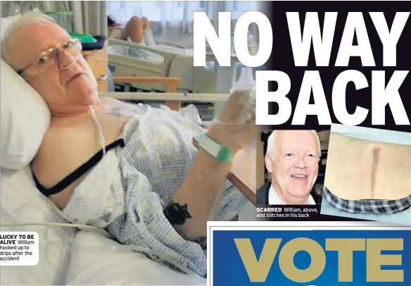  ??  ?? LUCKY TO BE ALIVE William hooked up to drips after the accident SCARRED WIlliam, above, and stitches in his back