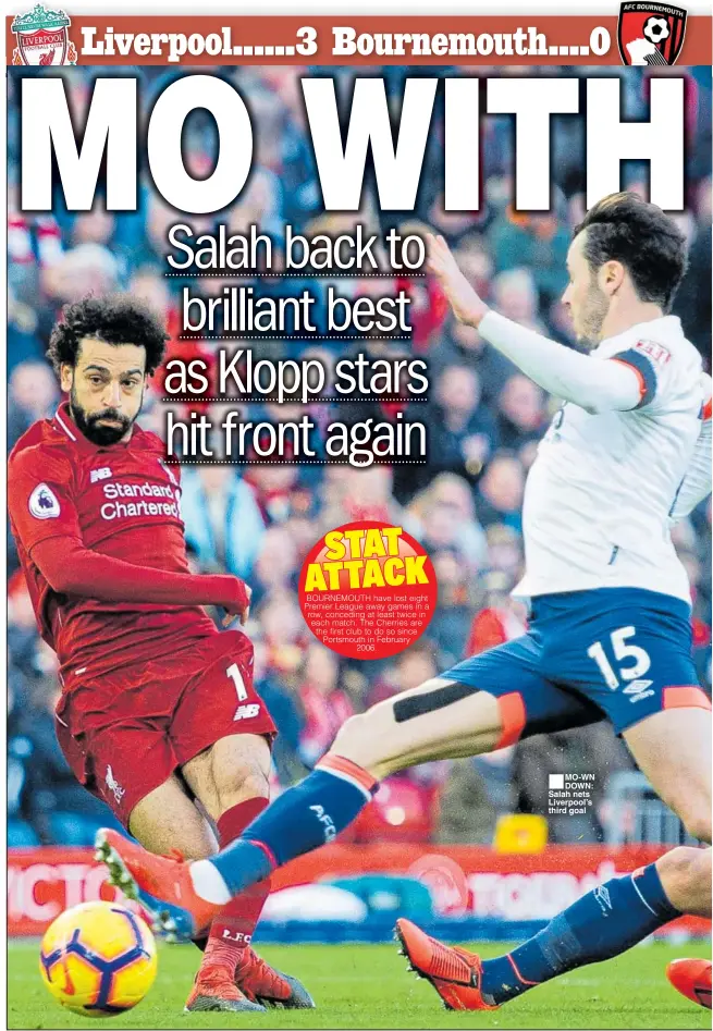  ??  ?? MO-WN DOWN: Salah nets Liverpool’s third goal