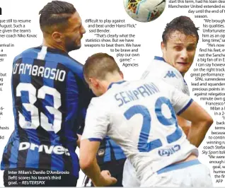  ??  ?? Inter Milan’s Danilo D’Ambrosio (left) scores his team’s third goal.