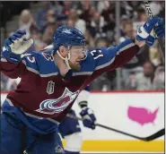  ?? (AP Photo/John Locher) ?? Colorado Avalanche right wing Valeri Nichushkin celebrates his goal against the Tampa Bay Lightning during the second period in Game 2 of the Stanley Cup Final on Saturday in Denver. Nichushkin had two goals in the 7-0 victory that gave Colorado a 2-0 series advantage.