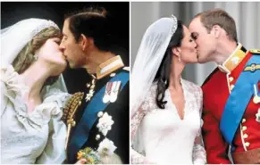  ?? — aFp ?? This file combo shows (left) prince Charles kissing diana, princess of Wales, during their wedding in London on July 29, 1981, and (right) prince William kissing his wife Kate, duchess of Cambridge, on the balcony of buckingham palace, in London.