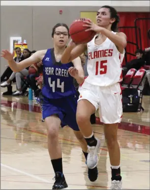  ?? MIKE BUSH/NEWS-SENTINEL ?? Lodi guard Aiyana Evans (15) takes a 3-point shot past Bear Creek's Christina Menil (44) in Monday's Foundation Game at The Inferno.