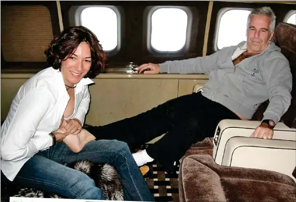  ?? ?? MASSAGE: Ghislaine with Epstein on the ‘Lolita Express’ plane. She swapped one monster, above, for another after her father, left, died in 1991