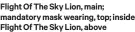  ??  ?? Flight Of The Sky Lion, main; mandatory mask wearing, top; inside Flight Of The Sky Lion, above