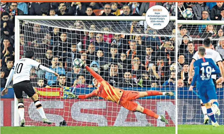  ??  ?? Kepa Arrizabala­ga saves Daniel Parejo’s 65th-minute penalty