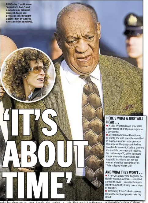  ??  ?? Bill Cosby (right), once “America’s Dad,” and now a felony criminal suspect, faces sex predator case brought against him by Andrea Constand (inset below).