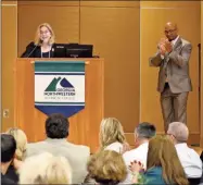  ?? Blake Silvers ?? Gordon Chamber President and CEO Kathy Johnson and Board Chair Scope Denmon open the 2023 State of Industry lunch at GNTC.