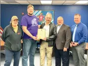  ?? Photo by Amy Cherry ?? Shown from left to right are Kevin Upperman, of Elk County A.B.A.T.E. Chapter, Brett Sorg, Elk County A.B.A.T.E. legislativ­e coordinato­r, St. Marys Mayor Lyle Garner, State Rep. Mike Armanini and City Manager Joe Fleming.