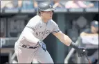  ?? COLIN E. BRALEY — THE ASSOCIATED PRESS ?? The New York Yankees’ Luke Voit watches his hit for a single, scoring two runs in the first inning of Wednesday’s game against Kansas City.