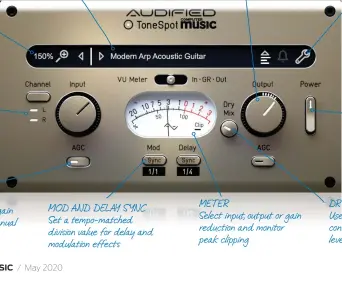  ??  ?? ZOOM
Set the plugin window size from a number of presets
ROUTING
Select left, right or stereo input for the plugin
PRESETS
More than 30 presets, designed for many common processing tasks
AGC
These apply automatic gain control and override manual input and output levels
MOD AND DELAY SYNC Set a tempo-matched division value for delay and modulation effects
INPUT & OUTPUT LEVEL Use these knobs to manually adjust levels
METER
Select input, output or gain reduction and monitor peak clipping
SERVICES MENU Click on the spanner icon to access setup features, user manual, calibratio­n and more
POWER
Use this button to bypass the plugin completely
DRY MIX
Use this mix blend control to adjust the level of the dry signal