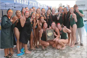  ?? RECORDER PHOTO BY CHIEKO HARA ?? Portervill­e High School Panthers girls water polo team pose for a victory photo after winning the Valley title Saturday, Nov. 10 in the CIF Central Section Division II final match against Redwood High School at California State University, Fresno.