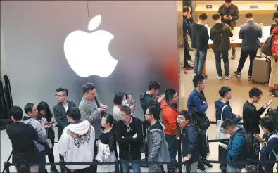  ?? YIN LIQIN / CHINA NEWS SERVICE ?? Customers line up outside an Apple store in Shanghai to buy iPhoneX handsets.