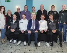  ??  ?? Boxers James Lynch and Aaron Gethins with manager Tony Davis and coaches Glen Gethins and Stephen Reynolds and sponsors in the Glasshouse Hotel. Pics: Donal Hackett.