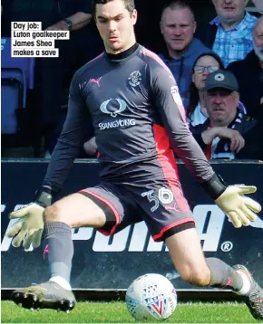  ??  ?? Day job: Luton goalkeeper James Shea makes a save