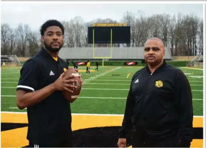  ?? (Pine Bluff Commercial/I.C. Murrell) ?? University of Arkansas at Pine Bluff quarterbac­k Skyler Perry (left) and head coach Doc Gamble look forward to a six-game spring schedule.