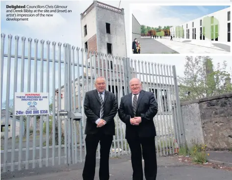  ??  ?? Delighted Councillor­s Chris Gilmour and Derek Bibby at the site and (inset) an artist’s impression of the new developmen­t