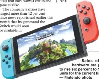  ??  ?? Sales of Switch hardware are projected to rise six percent to 18 million units for the current fiscal year. — Nintendo photo