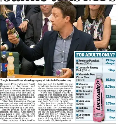  ??  ?? Tough: Jamie Oliver showing sugary drinks to MPs yesterday