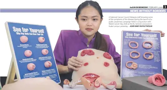  ?? – ADIB RAWI YAHYA/THESUN ?? A National Cancer Council Malaysia staff showing some of the symptoms of the disease during the launch of a public awareness campaign held in conjunctio­n with World Cancer Day 2020 at the KL Sentral Concourse in Kuala Lumpur yesterday.