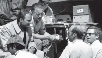  ??  ?? Above right: In esteemed company at the Targa Florio – from left to right (at back): Ferdinand Piëch, Helmuth Bott, Peter Falk, from left to right (foreground): Pedro Rodriguez, Richard Attwood, Paul Frère