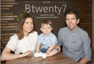  ??  ?? Paula, Bobby Leigh and Conor Swaine at their new venture, Btwenty7 Cafe, on Templeshan­non Quay in Enniscorth­y.