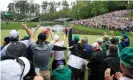  ??  ?? Fans cheer as Tiger Woods celebrates his birdie on the 16th during the final round of the Masters last year. Photograph: Andrew Redington/Getty Images