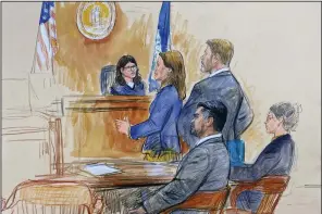  ?? (AP/Dana Verkoutere­n) ?? Judge Dipti Pidikiti-Smith of the Fairfax County General District Court is depicted in a courtroom sketch presiding over the assault and battery trial of CIA officer trainee Ashkan Bayatpour (seated left) in Fairfax, Va., in August.