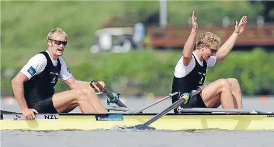  ?? Photo: GETTY IMAGES ?? All class: Eric Murray and Hamish Bond react after winning the men’s pair final at the world rowing championsh­ips in August.