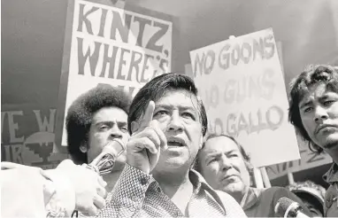  ?? ASSOCIATED PRESS FILE ?? Head of the United Farm Workers Union Cesar Chavez speaks in 1975 at the headquarte­rs for the state Agricultur­e Labor Relations Board to call for the resignatio­n ofWalter Kintz, legal counsel for the board, in Sacramento. Chavez was born near Yuma,...