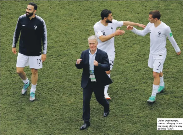  ?? Reuters ?? Didier Deschamps, centre, is happy to see his young players stay positive