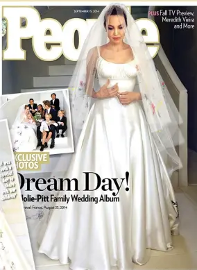  ??  ?? A first glimpse of Hollywood royal couple Angelina Jolie and Brad Pitt’s wedding day, with their six kids, on the covers of People and Hello magazines.