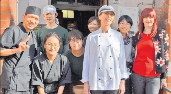  ?? PICTURE / PAUL BROOKS ?? Bizen Miyake (left) with some of his Momiji staff and the two newcomers Suzy Buckingham (in chef whites) and Jodie O’Leary (right).