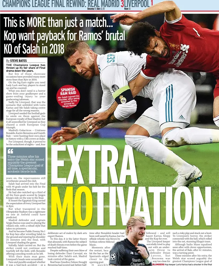  ?? ?? SPANISH RAM RAID
his Mo Salah injured
being shoulder after wrestled to the
ground by Sergio Ramos