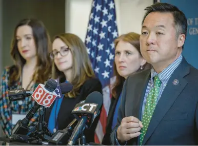  ?? DOUGLAS HOOK/HARTFORD COURANT ?? Attorney General William Tong announced that Connecticu­t, along with 39 other attorneys general, has reached a $391.5 million multistate settlement with Google over its location tracking practices relating to Google account settings. With Tong are, from left, Aine Demeo, assistant attorney general; Michele Lucan, section chief of the privacy section; and Consumer Protection Commission­er Michelle H. Seagull This is the largest multi-state privacy settlement in U.S. history. Connecticu­t will receive more than $6.5 million from the settlement.