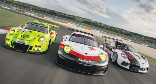  ?? PORSCHE MOTORSPORT ?? Porsche Motorsport exhibits its race-winning formula with its latest race cars, from left: the GT3 R, the RSR and the GT3 Cup.