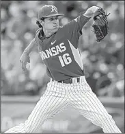  ?? NWA Democrat-Gazette/ANDY SHUPE ?? Arkansas pitcher Blaine Knight, who is rated as a top 100 Major League Baseball prospect by Baseball America after going 8-4 this season, might return to the Razorbacks next season.