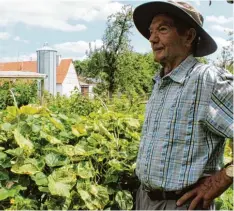  ??  ?? Friedrich Holzwarth lebt von Geburt an in Weißingen. Jahrzehnte­lang hat er als Land wirt gearbeitet. Jetzt kümmert er sich mit Frau Agathe um den Gemüsegart­en.