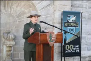  ?? The Sentinel-Record/Richard Rasmussen ?? SUPERINTEN­DENT:
Hot Springs National Park Superinten­dent Laura Miller speaks at a news conference Tuesday about the park’s 100th anniversar­y.