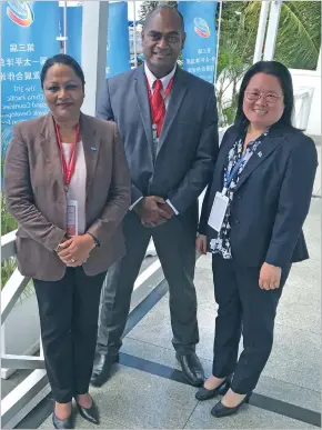  ?? Photo: Maraia Vula ?? From left: Minister for Industry, Trade and Tourism Premila Kumar, Tourism Authority of Kiribati chief executive officer Petero Manufolau, and Consul General and Trade Commission­er of Fiji to China, Yolanda Chan, during the 3rd China-Pacific Island Countries Economic Developmen­t and Cooperatio­n Forum, Apia, Samoa.